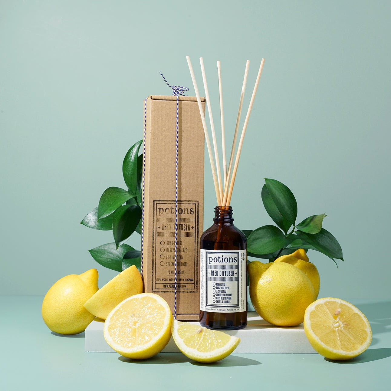 Mikado Aires de l’Empordà de Potions BCN en botella ámbar de 100 ml con palitos de ratán.