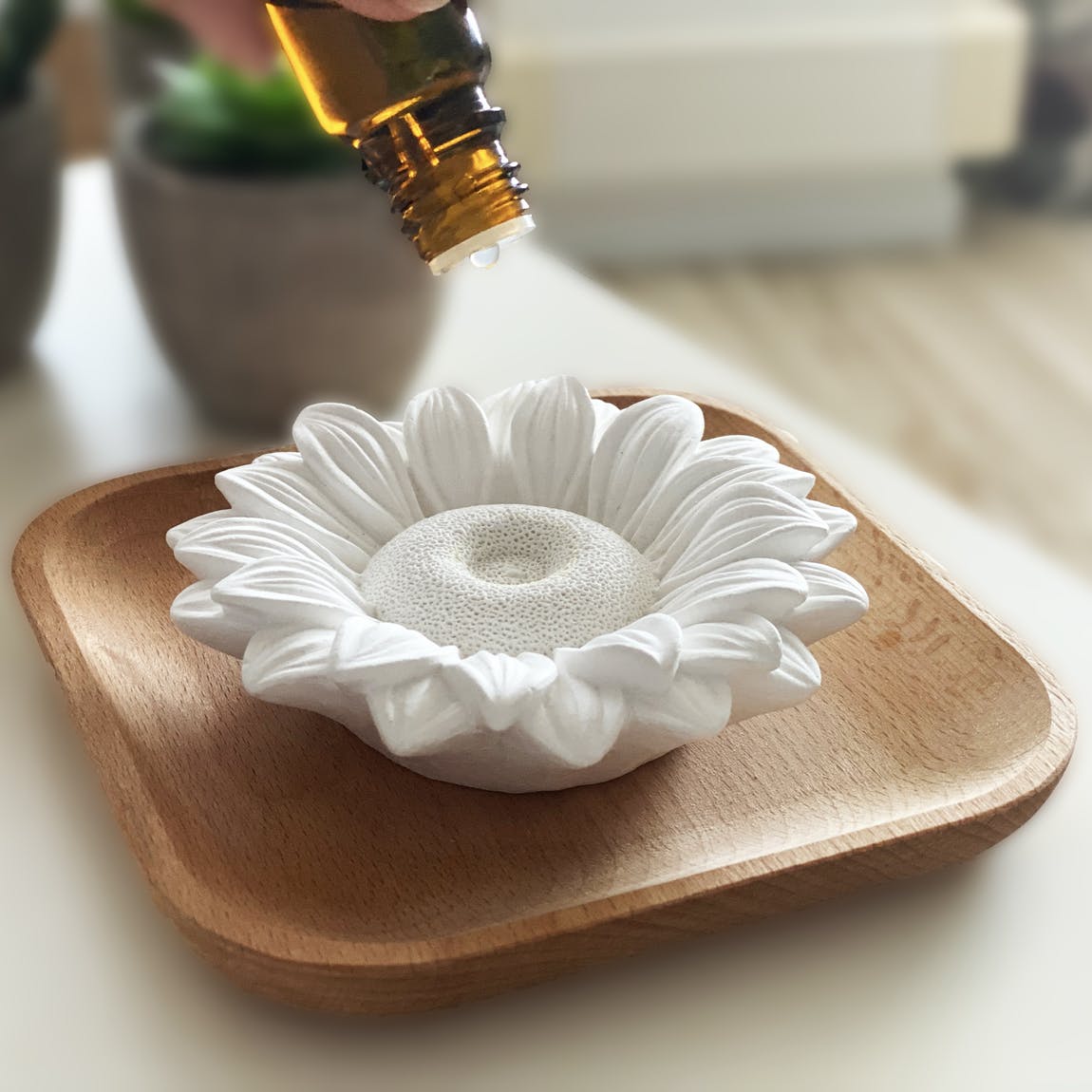 Difusor pasivo en forma de flor de yeso sobre base de madera.