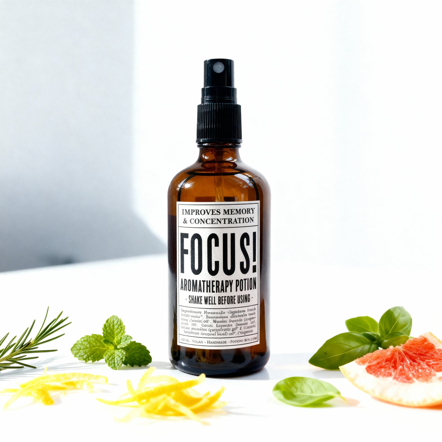 Bruma aromaterapéutica Focus! en envase de vidrio ámbar de 100 ml.