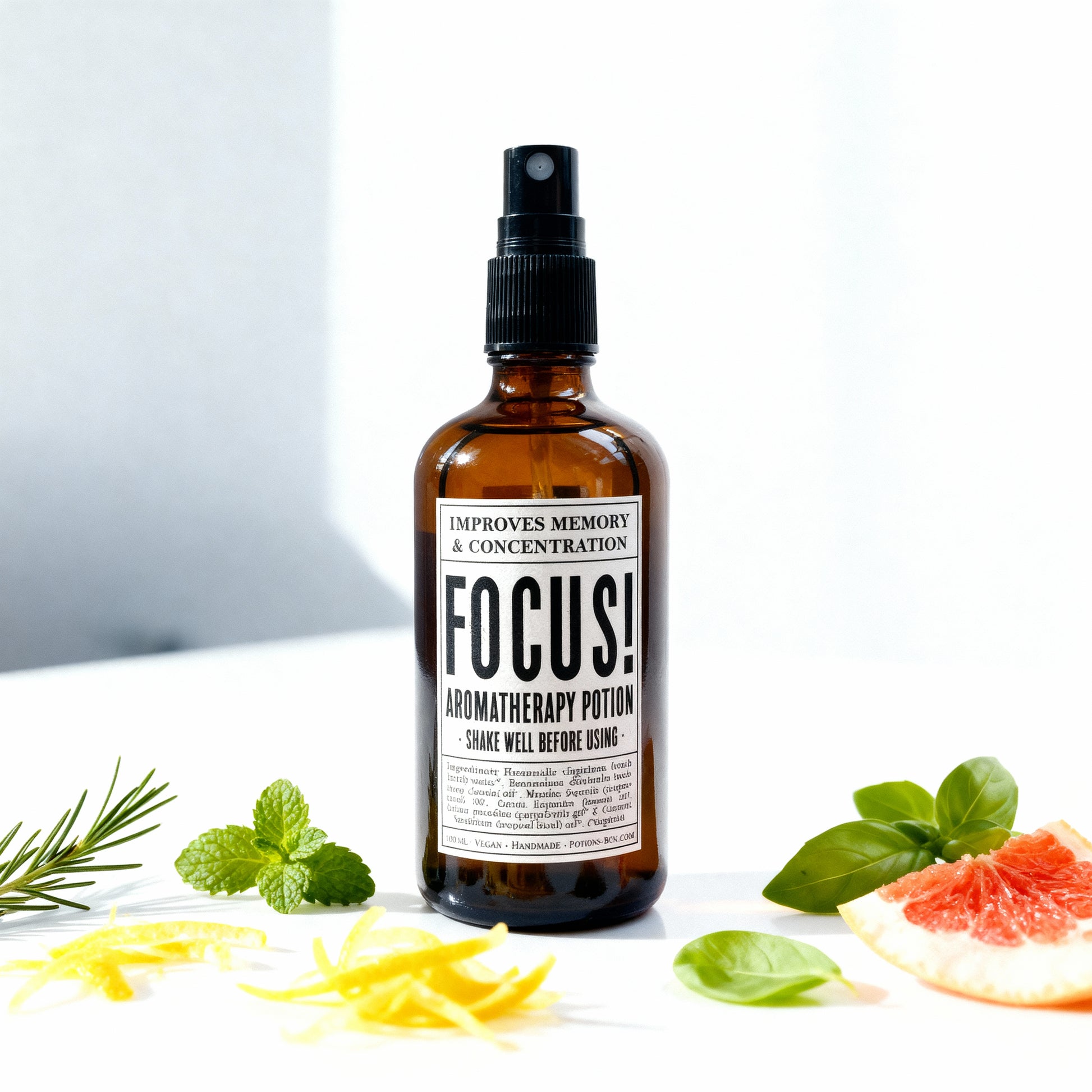 Bruma aromaterapéutica Focus! en envase de vidrio ámbar de 100 ml.