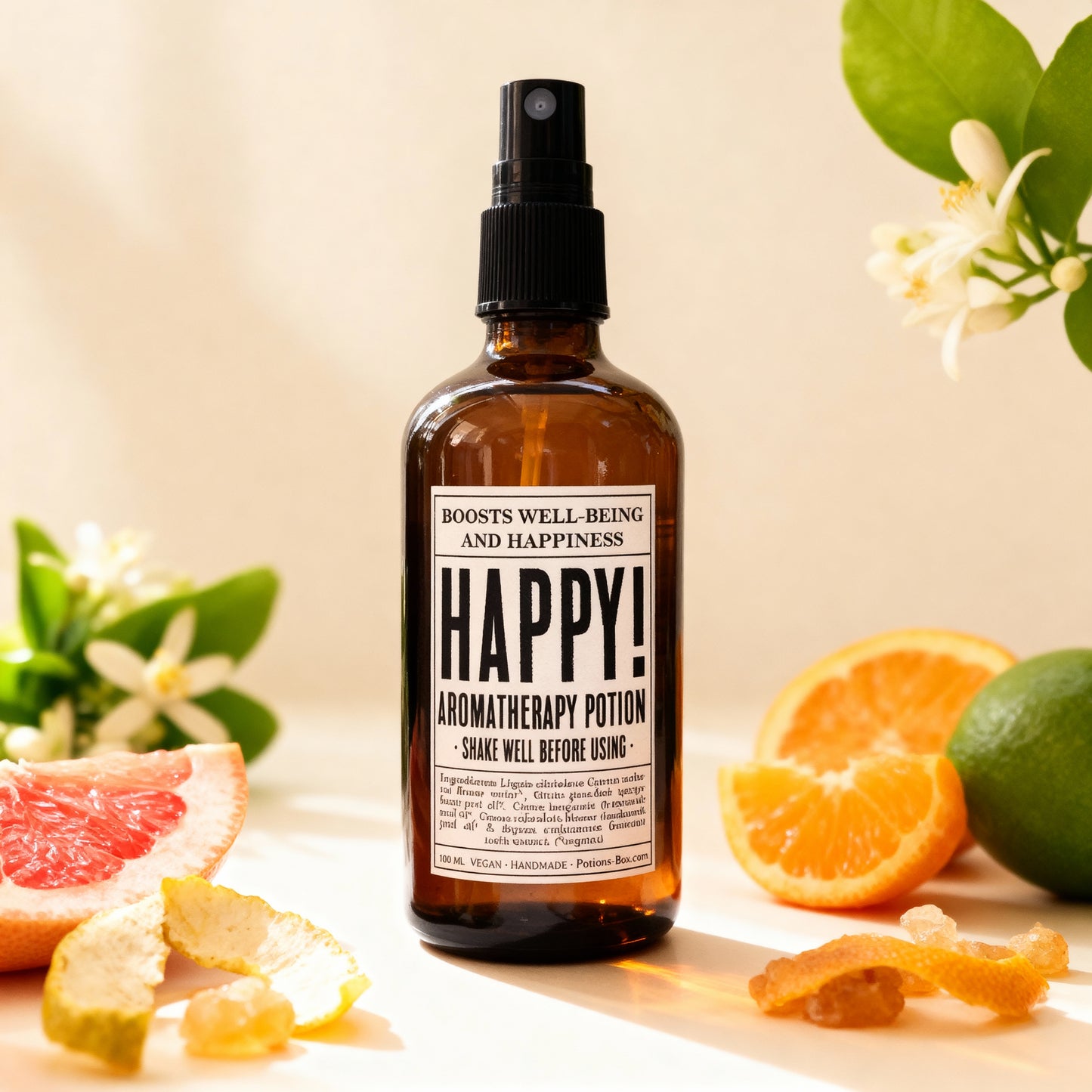 Bruma aromaterapéutica Happy! en envase de vidrio ámbar de 100 ml.
