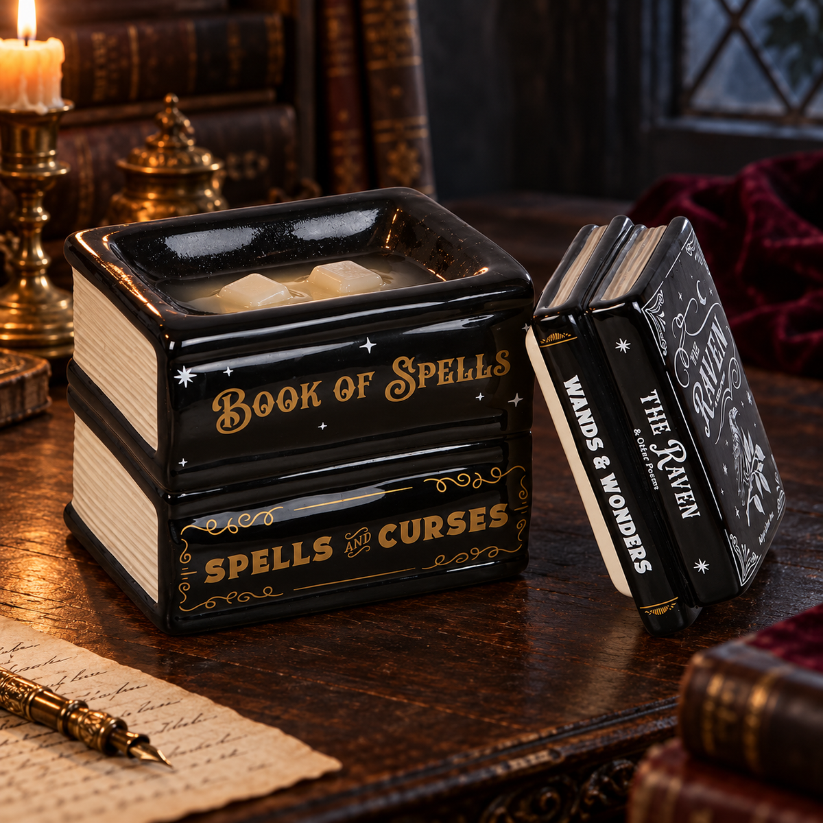 Quemador de wax melts · Libro de conjuros